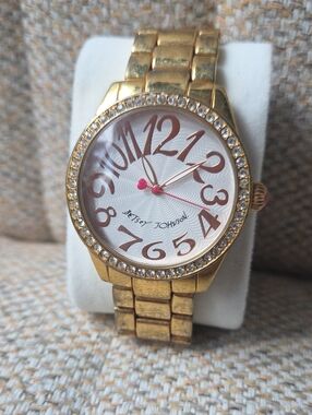 Betsey Johnson Gold Tone Crystal Accent Watch with Pink Hands